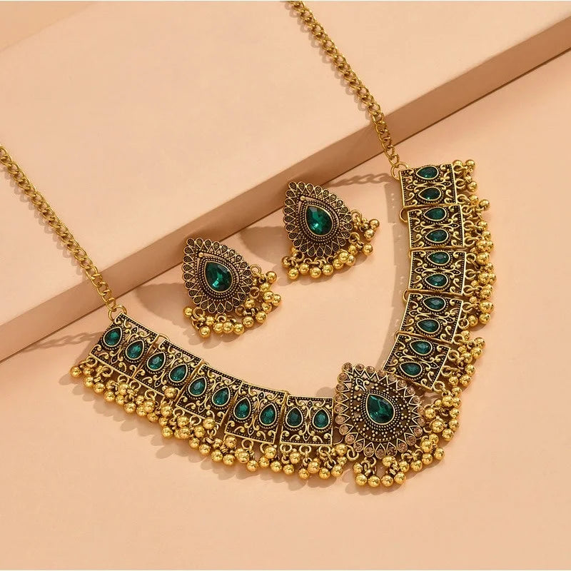 New Fashion Indian Bollywood Traditional Crystal Wedding Temple Choker Necklace Earrings Jewelry Set