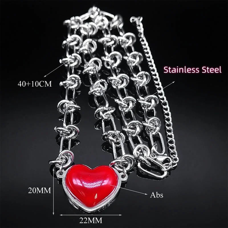 HNSP Stainless Steel Red Heart Choker Necklace Pendant Chain For Women Jewelry Versatile Girl Accessories