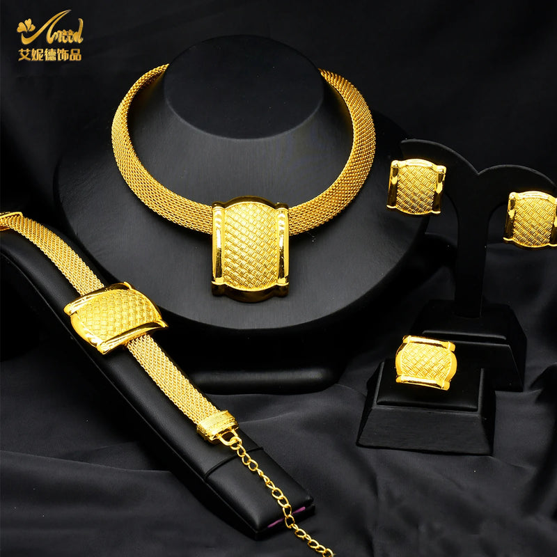 ANIID African Gold Color Jewelry Set For Women Indian Choker Necklace Earring Nigerian 24K Gold Plated Jewellery Dubai Wedding