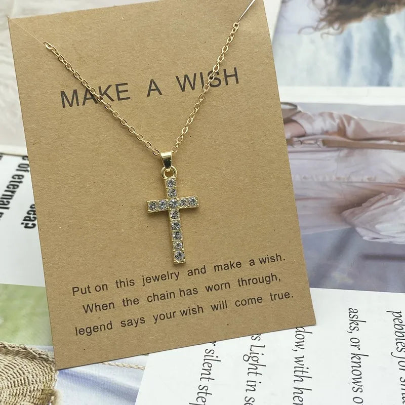 New Trendy Alloy Crystal Cross Pendant Necklaces for Women Fashion Simple Gold Color Clavicle Chain Necklace Collar Jewelry Gift