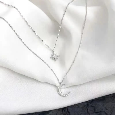 New Fashion Silver Color Double Layer Star Moon Necklace for Women Charm Delicate Zircon Stainless Steel Choker Chain Jewelry