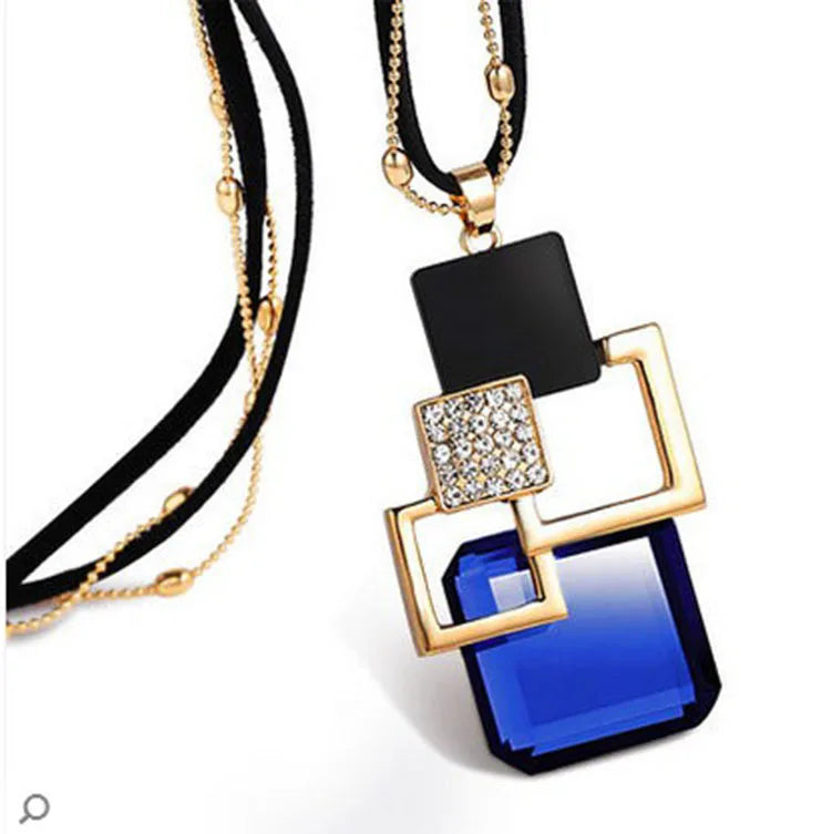 Fashion Women Collier Femme Crystal Gray Blue Color Geometric Statement Colar Long Necklaces&Pendants for Jewelry Bijoux