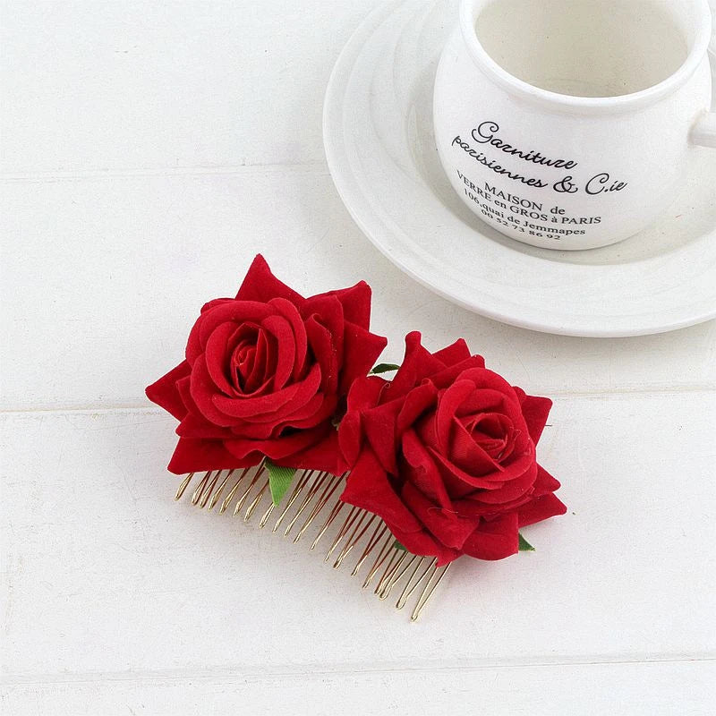 U Shaped Red Hairpins Hair Clips Wedding Hair Accessories For Women Rose Flower Headpieces Forks Bride Headdress Hair Jewelry