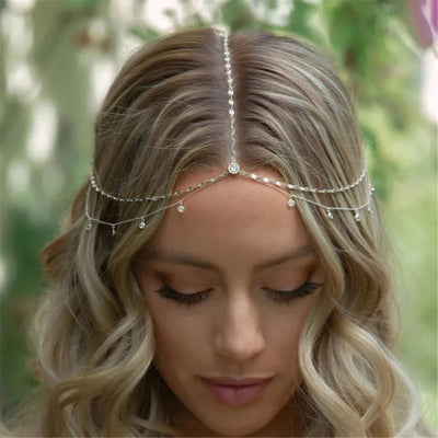 Crystal Head Chain Female Wedding Hair Chain Elegant Forehead Chain Indian Hairs Accessories Long Tassels Headpiece