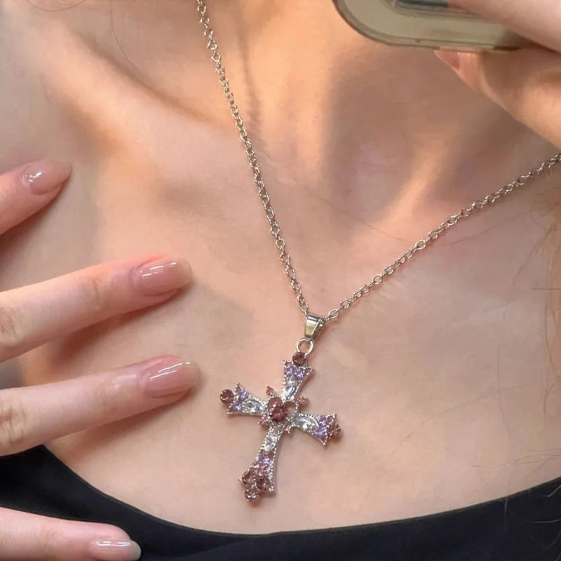 New Y2K Punk Pink Purple Zircon Cross Necklace for Women Rhinestone Pendant Clavicle Chain Charm Party Jewelry Gifts