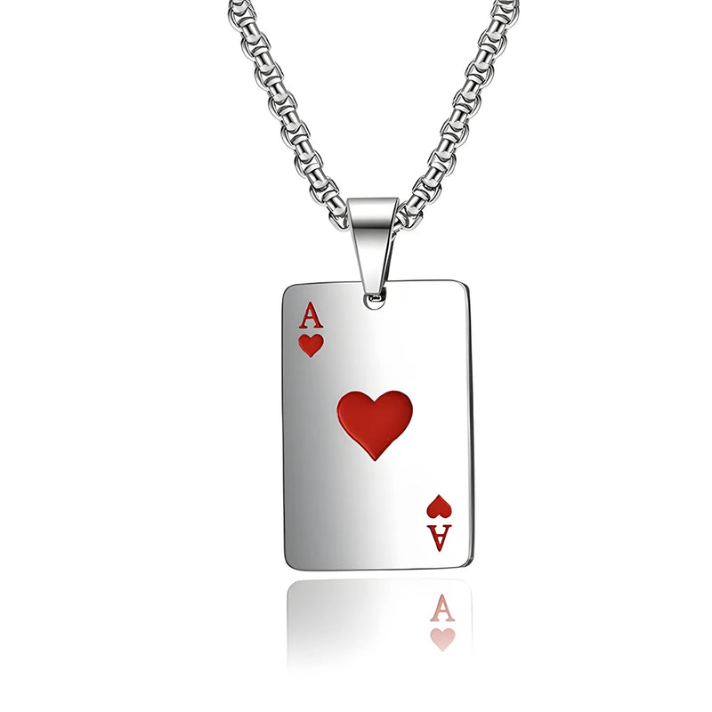 New Hip Hop Stainless Steel Poker Card Ace of Spades Necklace For Women Men Pendant Chain Playing Cards Jewelry Ace of Hearts