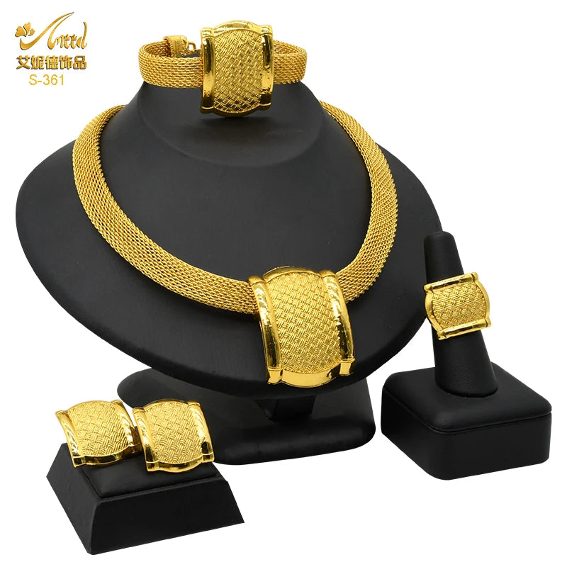 ANIID Womens Ethiopian Gold Color Jewelry Set Bridal Dubai Jewellery Wedding Brazilian Eritrean African Earring Necklaces Set