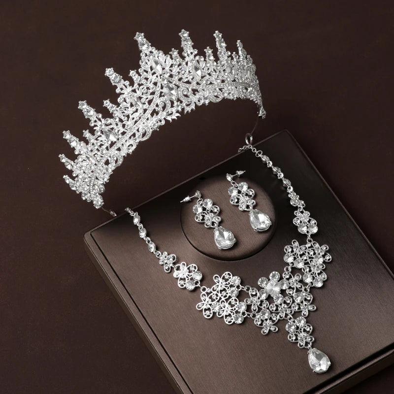 Luxury Silver Color Crystal Water Drop Bridal Jewelry Sets Rhinestone Tiaras Crown Necklace Earrings Wedding Dubai Jewelry Set