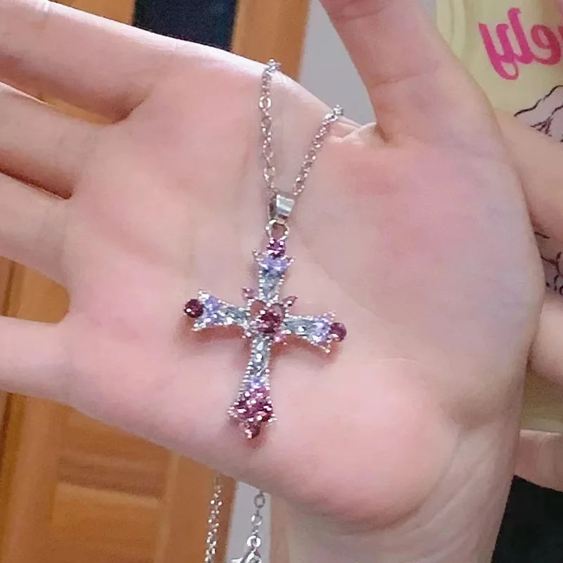 New Y2K Punk Pink Purple Zircon Cross Necklace for Women Rhinestone Pendant Clavicle Chain Charm Party Jewelry Gifts