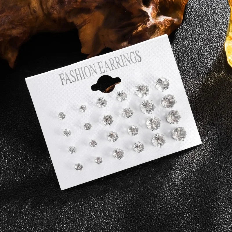 New 12 Pair/Pack White Shiny Wedding Stud Earrings Set For Women Men Crystal Jewelry Accessories Oorbellen Jewelry Earrings