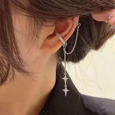 Shiny Silver Color Crystal Tassel Non-Piercing Cuff Ear Clip Earring For Women Rhinestone Star Fake Cartilage Piercing Jewelry