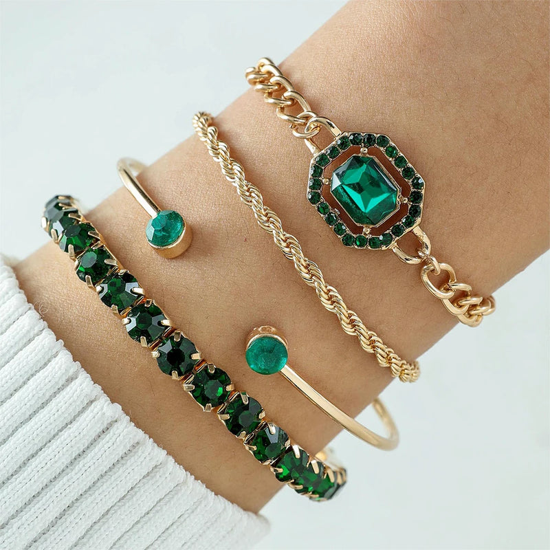 4PCS/Set Fashionable Snake Imitation Gemstone Bangle Rhinestone Full Metal Bracelet Set for Women&