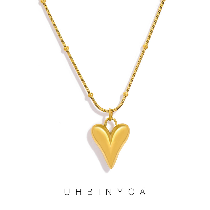 UHBINYCA Minimalism Smooth Stainless Steel Heart Waterproof Necklace Pendant for Women 18k Gold Plated Jewelry