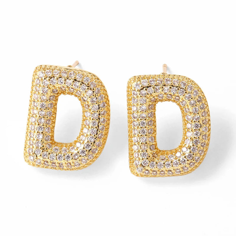 Dainty Crystal Bubble Letter Earrings for Women Copper Gold Plated Initial Ear Studs Name Jewelry Gifts