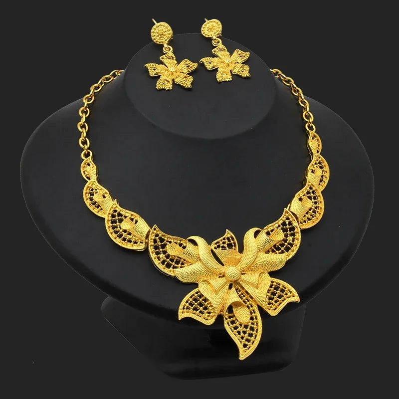 Dubai Indian African Flower Necklace Earrings Jewelry Set For Women 24K Gold Plated Nigeria Bridal Wedding Party Gift Jewellery