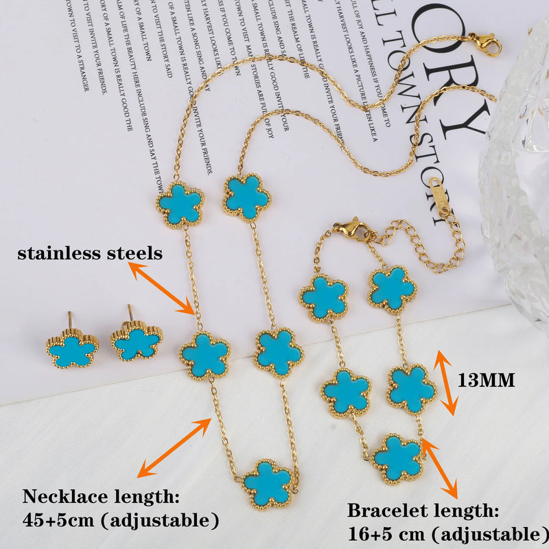 Gold Plated Lucky Stainless Steel Five Leaf Flower 3PCS Jewelry Set Bracelet Necklace Earrings for Women Party Jewelry Clover