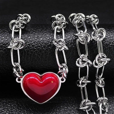 HNSP Stainless Steel Red Heart Choker Necklace Pendant Chain For Women Jewelry Versatile Girl Accessories