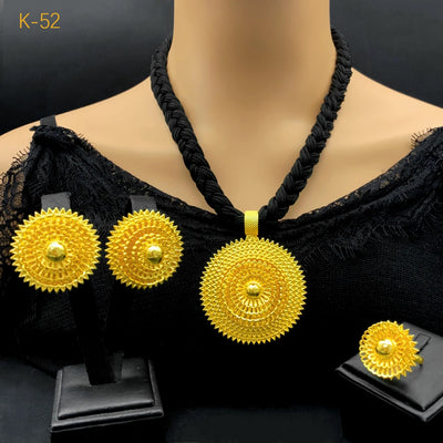 Ethiopian Black Rope Necklace Earrings Jewelry Set For Women 24K Gold Plated Dubai Indian African Bridal Wedding Party Jewellery