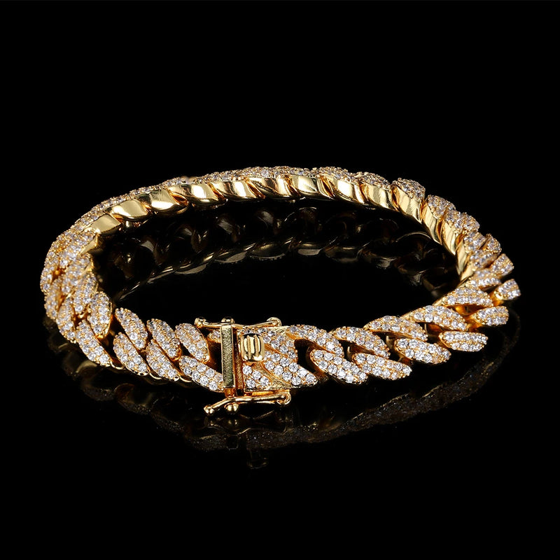 9MM 2 Rows Copper Cubic Zirconia Bling Iced Gold Plated Hip Hop Cuban Link Chain Bracelet Jewelry For Women Accessories