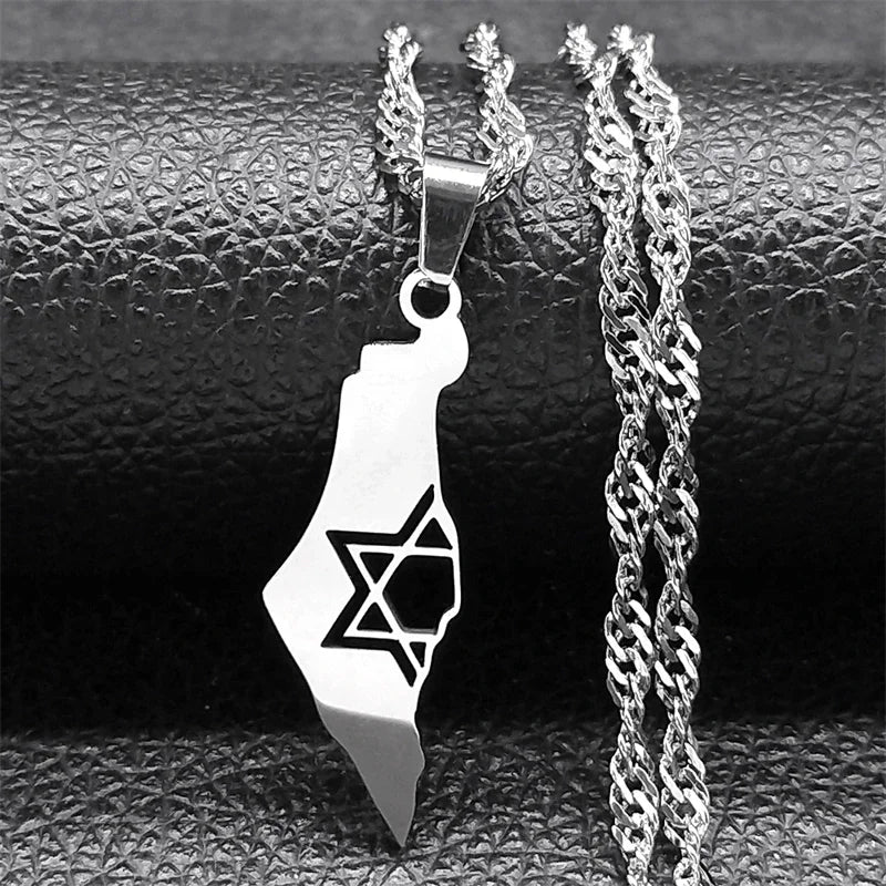 Israel Map Country Pendant Necklace for Women Men Stainless Steel Silver Color Magen Jewish Star of David Hebrew Chain Jewelry