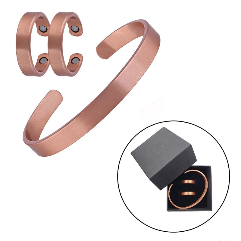 Set Pure Copper Bracelets and Rings Simplicity Cuff Magnetic Bangles for Women Men Arthritis Health Solid Copper Jewelry