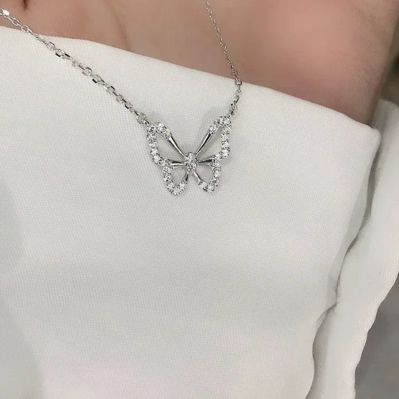 Silver Color Shiny Butterfly Necklace Female Exquisite Double Layer Pendant Clavicle Chain Necklace Wedding Party Jewelry Gifts