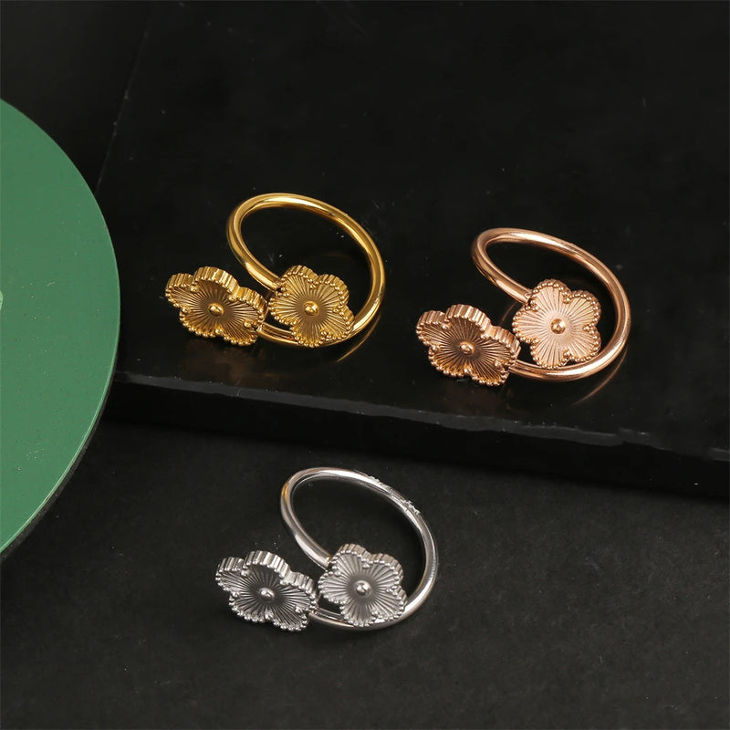 Hot Sale Botanical Laser Five Leaves Flower Open Ring Highquality Gold Silver Rose Gold Black Double Flower Ring Clover Ladies