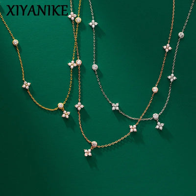 XIYANIKE Inlaid Zircon Four Leaf Flower Chain Necklace For Women Hot Fashion New Jewelry Lady Gift Collares Choker Accessories