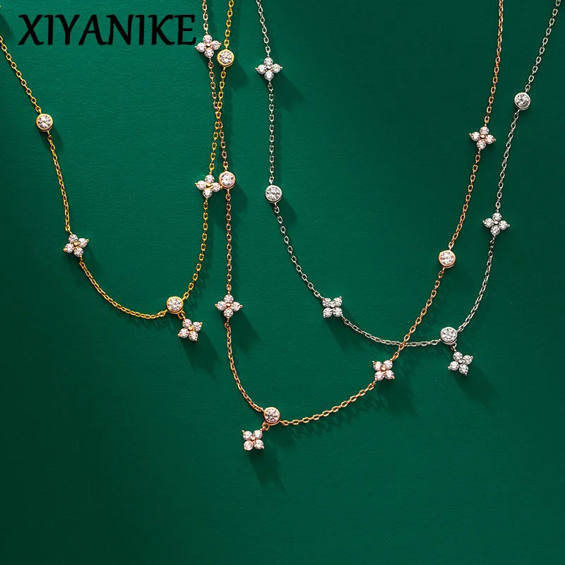 XIYANIKE Inlaid Zircon Four Leaf Flower Chain Necklace For Women Hot Fashion New Jewelry Lady Gift Collares Choker Accessories