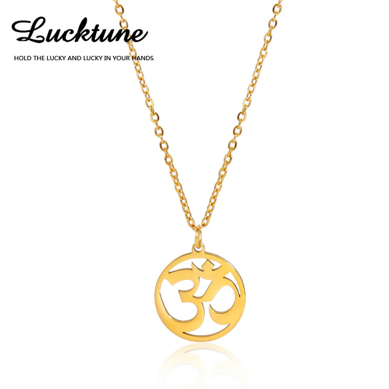 Lucktune OM Yoga Chakra Pendant Necklace Stainless Steel Buddhism Hindu Amulet Choker Chain Necklace for Women Men Retro Jewelry