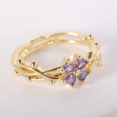 Cute Romantic Purple Four Leaf Zircon Flower Adjustable Rings for Women New Charm Gold Color Stainless Steel Finger Jewelry Gift