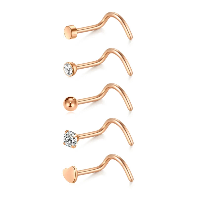 5/6/21Pcs 20G Nose Studs Stainless Steel Nostril Studs Screws Nose Ring Hoop Body Piercing Silver Gold Color Heart Nose Studs