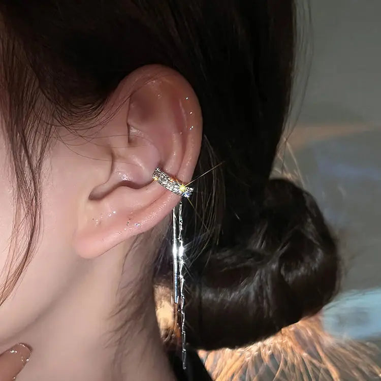 Shiny Silver Color Crystal Tassel Non-Piercing Cuff Ear Clip Earring For Women Rhinestone Star Fake Cartilage Piercing Jewelry