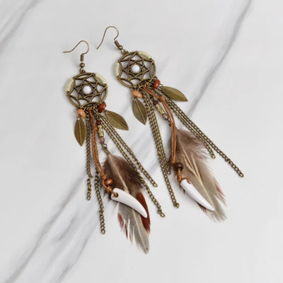 Boho Tribal Ethnic Vintage Dream Catcher Feather Leaf Long Tassel Dangling Earrings Women Vacation Jewelry