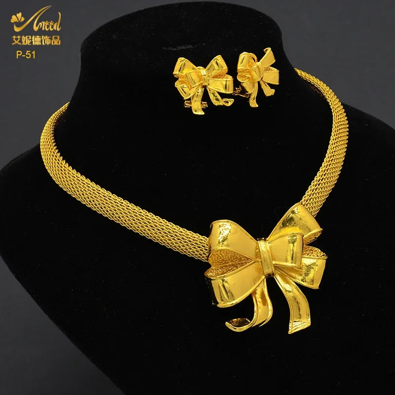 ANIID Dubai 24K Gold Plated Jewelry Set For Women African Indian Choker Necklace Earring Nigerian Jewellery Wedding Party Gifts