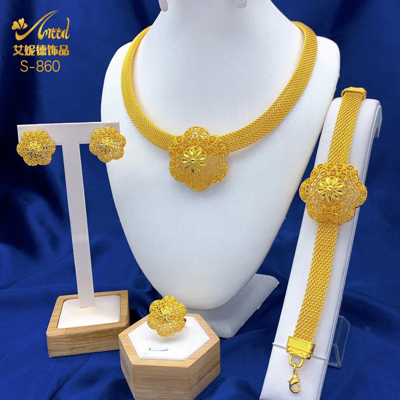 ANIID Dubai 24K Gold Plated Jewelry Set For Women African Indian Choker Necklace Earring Nigerian Jewellery Wedding Party Gifts