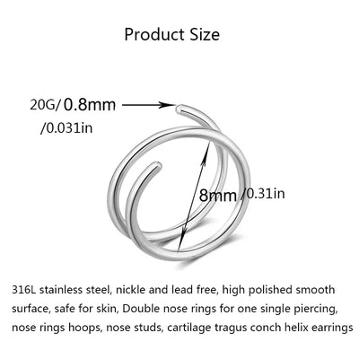 2Pcs 20G Stainless Steel Double  Nose Ring for Single Piercing, Women Men Twist Nose Hoop Spiral Nose Ring Earrings Jewelry