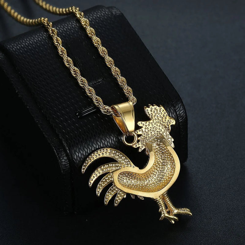 Hip Hop Iced Out Bling Rooster Pendant Necklace Gold Color Stainless Steel Chains For Men Women Animal Jewelry Dropshipping