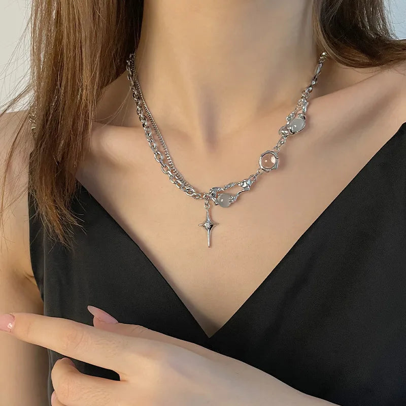 Kpop Fashion Shiny Star Necklace for Women Y2K Crystal Zircon Cross Pendant Necklaces Girls Antique Silver Color Clavicle Chain