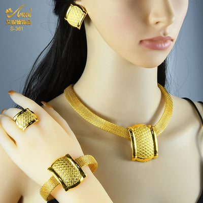 ANIID African Gold Color Jewelry Set For Women Indian Choker Necklace Earring Nigerian 24K Gold Plated Jewellery Dubai Wedding