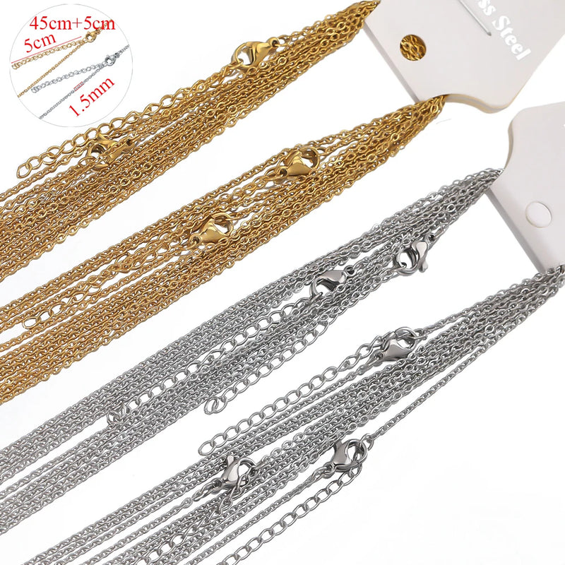 10pcs 45+5cm Gold Color Stainless Steel Link Chains in Bulk Necklaces Fashion Jewelry Adjustable Chains Wholesale Chokers DIY