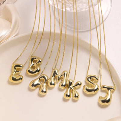 Golden Color Stainless Steel Initial Necklace for Women Girls Chunky Bubble Letter Pendant Necklaces Trendy Collar Jewelry Gift