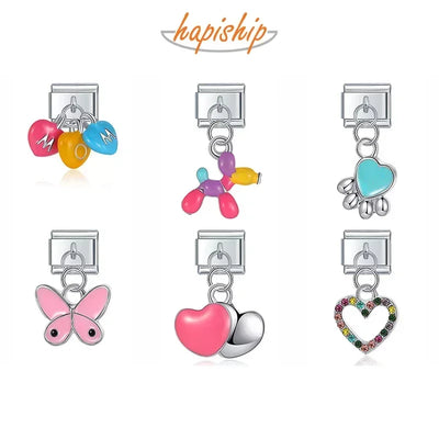 Hapiship 2024 New Fashion Colour Glaze Dog Butterfly Heart Charm Italian Link Fit DIY 9mm Stainless Steel Bracelet Jewelry DJ546