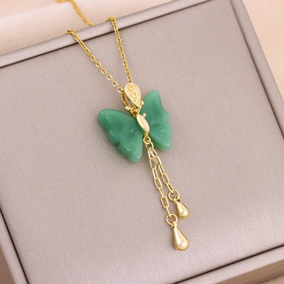 New In Fashion Green Zircon Crystal Pendant Stainless Steel Necklaces For Women Trendy Retro Style Female Clavicle Chain Jewelry