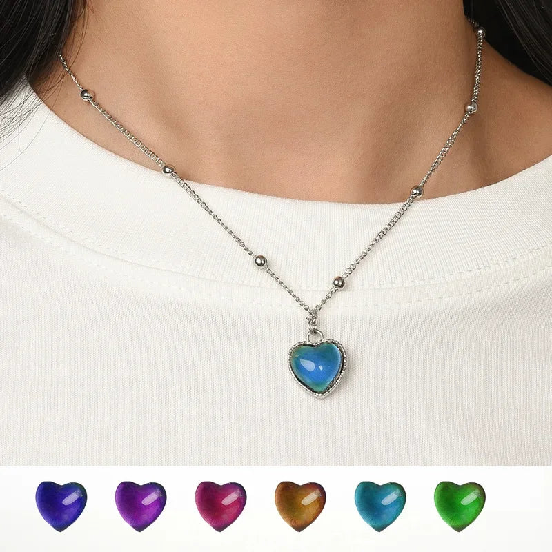 Creative Mood Necklace Color Change Emotion Feeling Temperature Control Heart Pendant Stainless Steel Chain Jewelry for Women