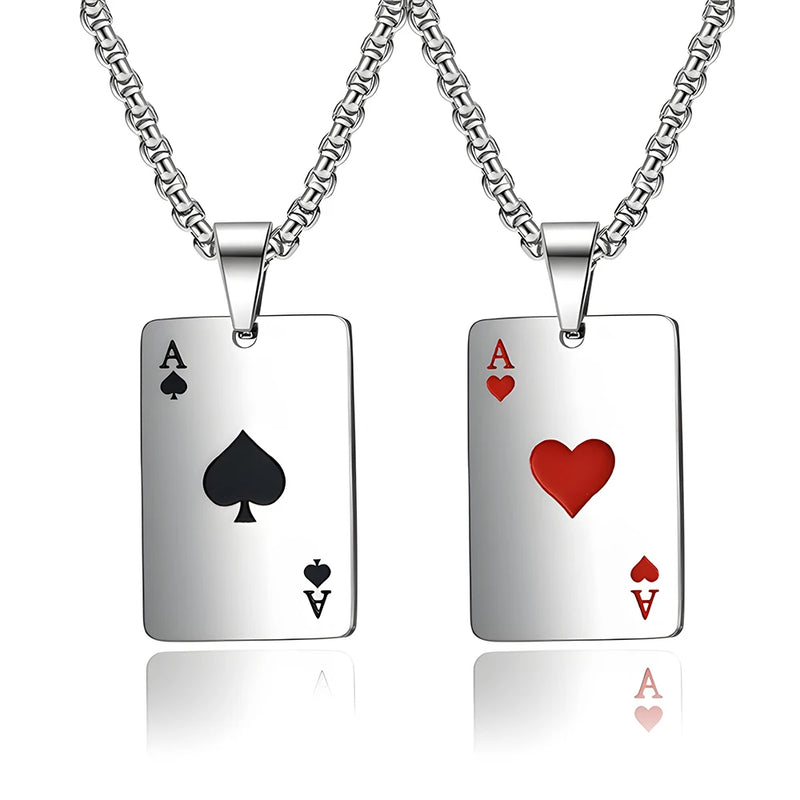 New Hip Hop Stainless Steel Poker Card Ace of Spades Necklace For Women Men Pendant Chain Playing Cards Jewelry Ace of Hearts