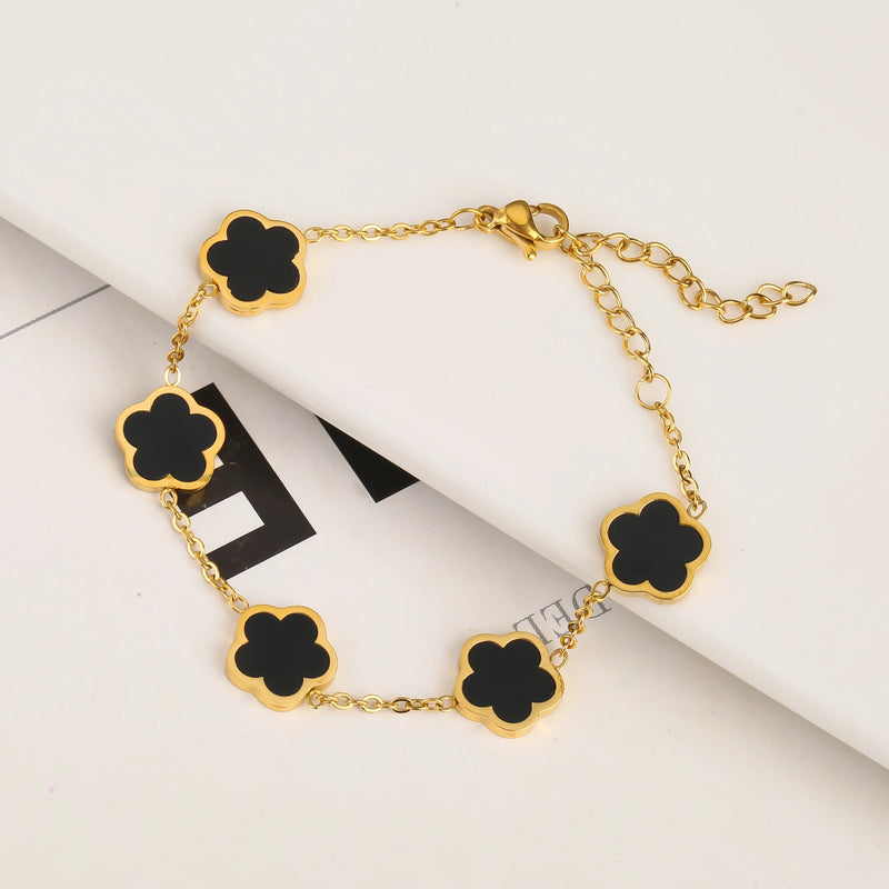 Adjustable New Design Gold Plated Stainless Steel 316L Plant Flower Bracelet With Five Leaf Petals Women&