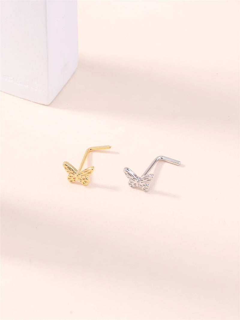 20G L Shaped Nose Studs Simple Mini Butterfly Design Gold Silver Color Nose Piercing for Women Girl Nostril Jewelry