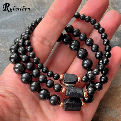 Ruberthen 4/6/8 MM Natural Shungite with Raw Black Tourmaline Gemstone Beaded Bracelet Negative Energy Chakra Wrist Mala Jewelry