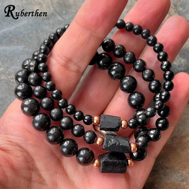 Ruberthen 4/6/8 MM Natural Shungite with Raw Black Tourmaline Gemstone Beaded Bracelet Negative Energy Chakra Wrist Mala Jewelry